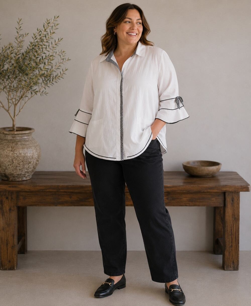 IC by Connie K White Black Button Front Shirt Lagenlook Artsy Womens Plus 2x